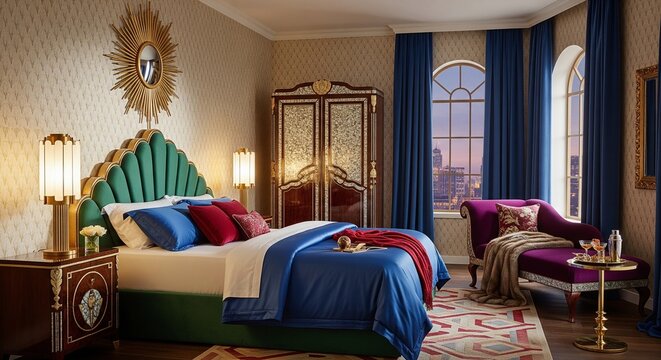 A colorful maximalist bedroom with a green scalloped headboard and vibrant blue and red bedding. The room is decorated with gold sunburst mirrors and vintage-style furniture