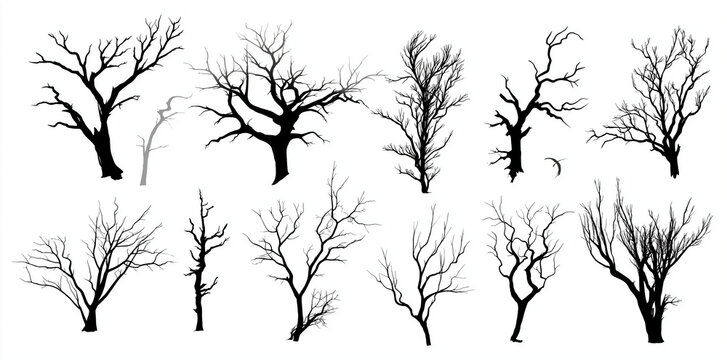-vector collection of dead tree silhouettes on a white background, vector illustration. set of black, dry branches and trees without leaves, in a flat design. dead wood for decoration or graphic eleme