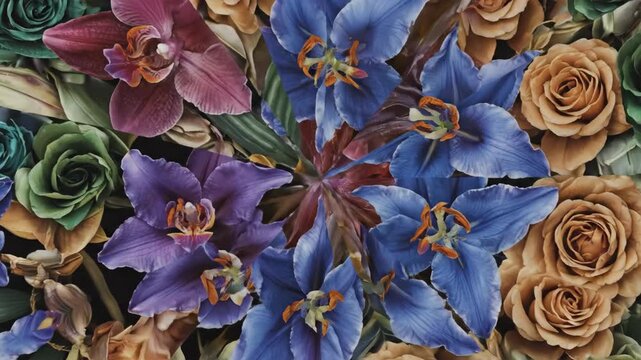 Abstract Symmetrical Kaleidoscope Pattern of Colorful Rotating Flowers