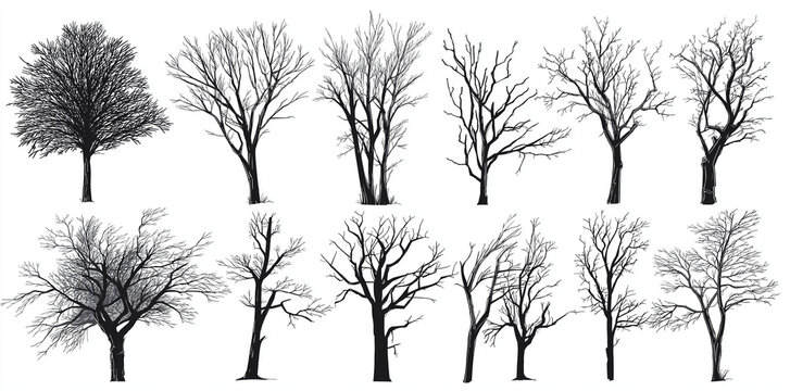 -vector collection of dead tree silhouettes on a white background, vector illustration. set of black, dry branches and trees without leaves, in a flat design. dead wood for decoration or graphic eleme
