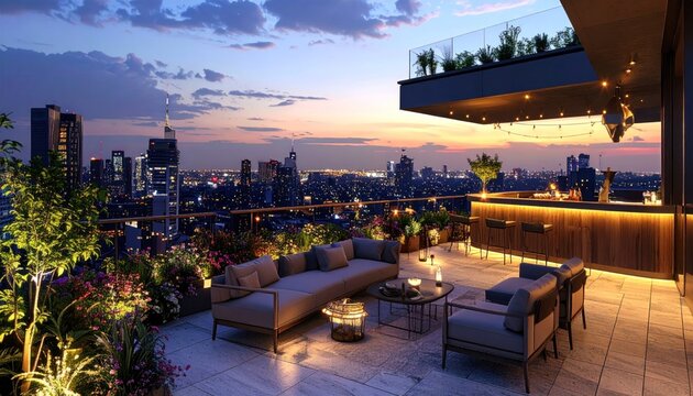 Rooftop terrace cityscape evening