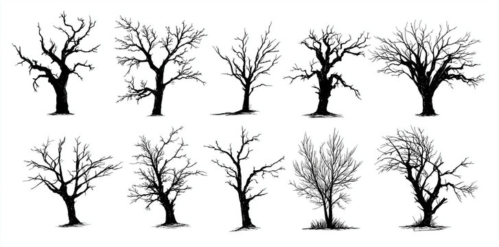 -vector collection of dead tree silhouettes on a white background, vector illustration. set of black, dry branches and trees without leaves, in a flat design. dead wood for decoration or graphic eleme