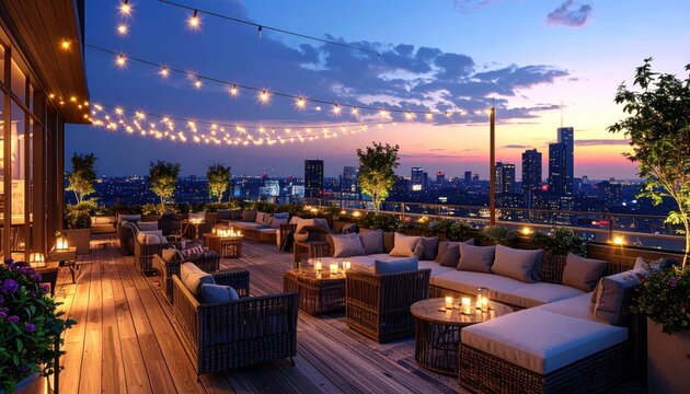 Rooftop terrace evening scene