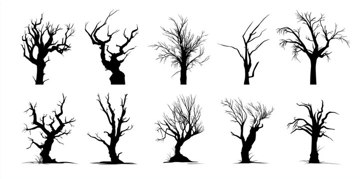 -vector collection of dead tree silhouettes on a white background, vector illustration. set of black, dry branches and trees without leaves, in a flat design. dead wood for decoration or graphic eleme
