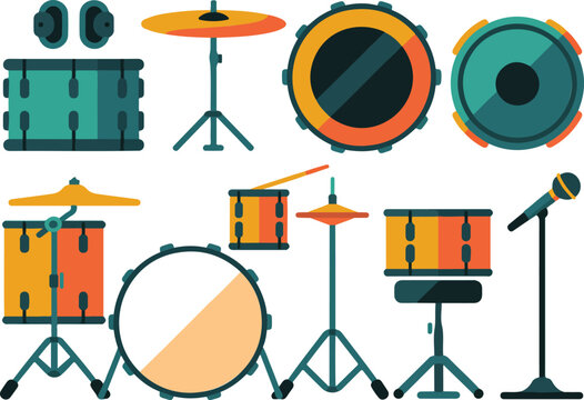 Musical drum kit set with various drums cymbals sticks and microphone vector illustration isolated on white background for band,