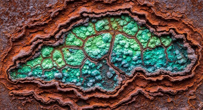 A close-up shot of colorful green and blue mineral crystals growing inside a rough, rusty brown rock cavity