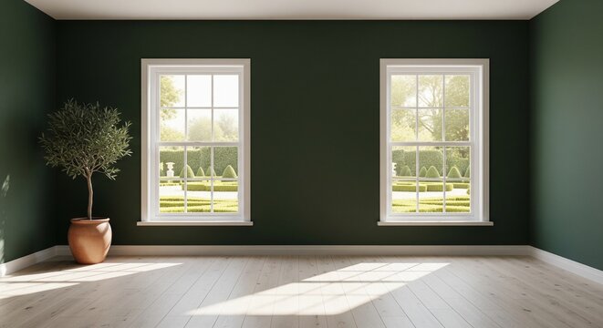 A straight-on shot of an empty room with dark olive green paint. Two white-framed windows show a lush green garden outside. Warm sunlight hits the light wood floor