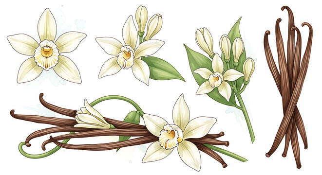 Detailed illustration of vanilla flowers beans and vines on transparent background