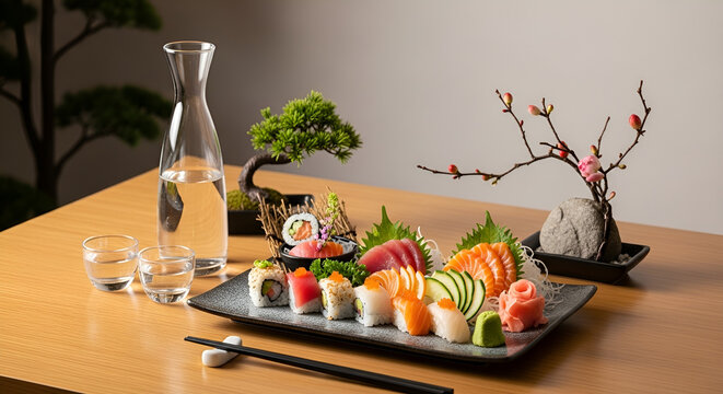 Traditional Japanese sushi and sashimi platter with sake bonsai and plum blossom decoration
