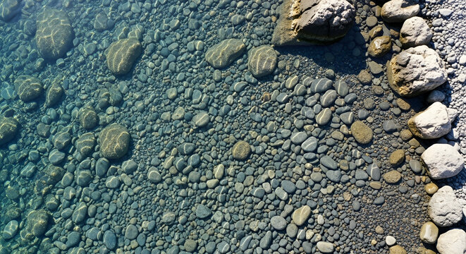 Crystal clear water over smooth pebbles and rocks on a sunny beach or lake shore-natural background