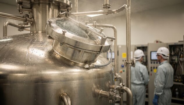 Closeup of a polymerization reactor undergoing CleaningInPlace CIP procedures with technicians monitoring automated systems and verifying internal cleanliness remotely.