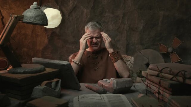 Exhausted primitive office worker sitting at his desk in the cave and having a bad headache, he hits his head with a hammer