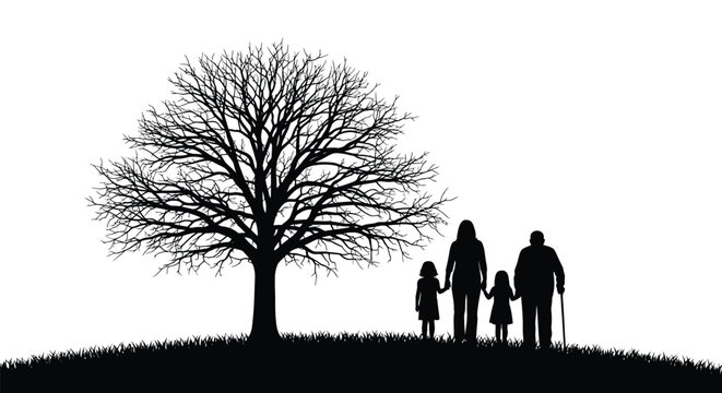 Silhouette of a family standing under a large tree as a black vector on white background