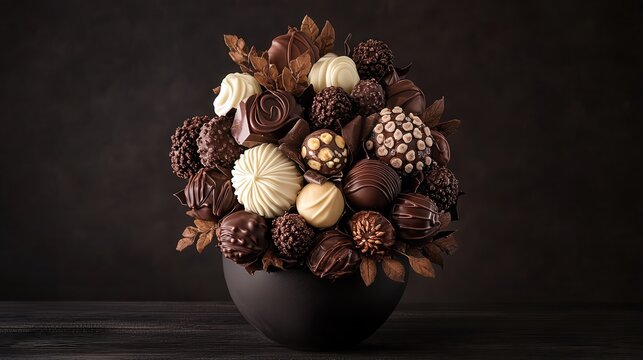 A beautifully arranged bouquet of assorted chocolates in a dark bowl on a wooden table against a dark background.