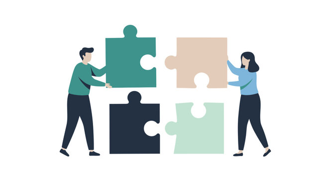 Man and woman connecting large colorful puzzle pieces as a team effort on white background