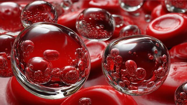 Liquid Blood Spheres: macro shot of blood droplet in liquid sphere, a study of the liquid form of blood in macro environment