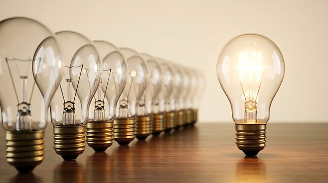 Lampu bohlam klasik berbaris di meja kayu menunjukkan inovasi dan kreativitas dalam teknologi pencahayaan modern