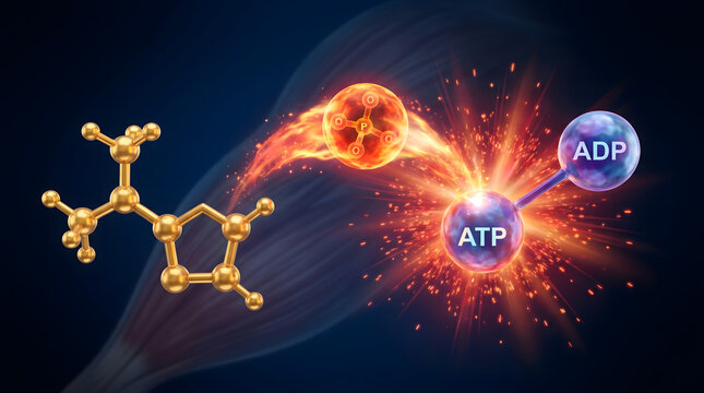 3D Gold Organic Molecule ATP ADP Energy Explosion Biochemistry Science Biology Research Illustration
