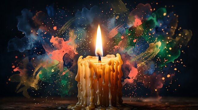 Lilin nyala dalam suasana unik dengan efek warna-warni menakjubkan untuk tema perayaan dan suasana hangat