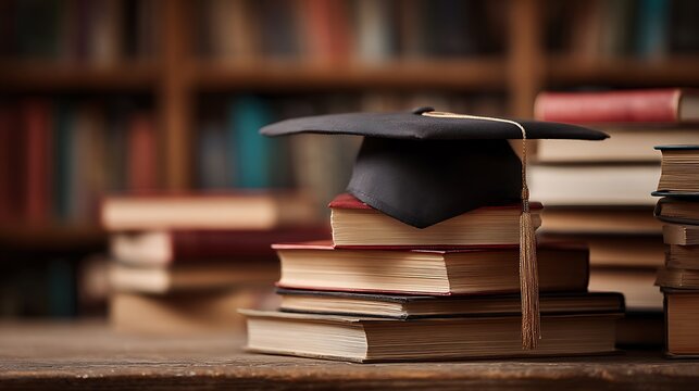 Photorealistic Graduation Cap on Stack of Vintage Books on Rustic Wooden Desk in Cinematic Academic Education Still Life Photography