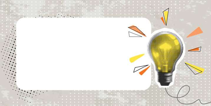 Trendy halftone collage banner lightbulb, with a frame for your text. Concept of creative idea or brainstorm. Contemporary vector illustration