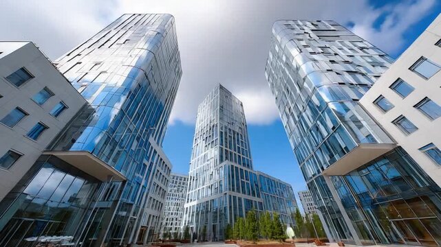 Modern Architectural Marvel: Captivating low-angle view of contemporary skyscrapers reaching towards a vibrant, cloud-strewn sky, embodying innovation and urban elegance.
