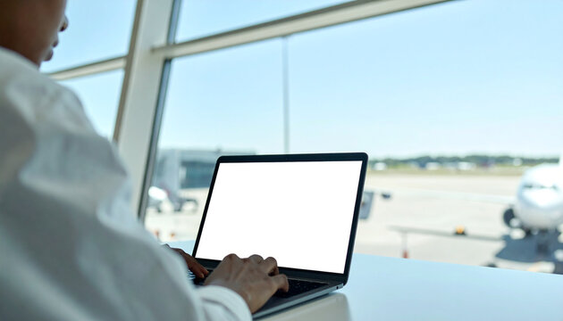 Traveler working on a laptop at a modern airport lounge near glass windows