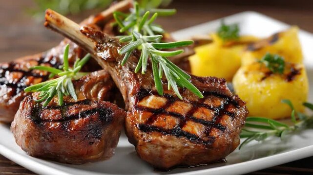 Grilled Lamb Chops: Culinary delight featuring expertly grilled lamb chops, adorned with aromatic rosemary sprigs, served alongside a bed of perfectly cooked potato. A gourmet experience
