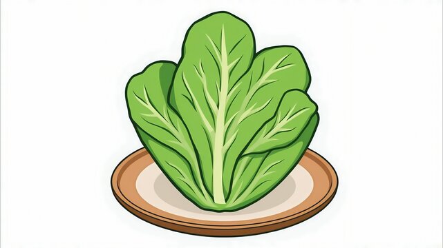 Fresh green lettuce leaves on a plate illustration, organic bok choy or chinese cabbage isolated on white background