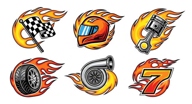 Set of racing icons with flames and checkered flag.
