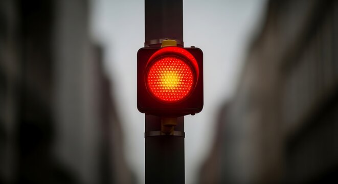 Close-up of a red traffic light signaling stop in daylight