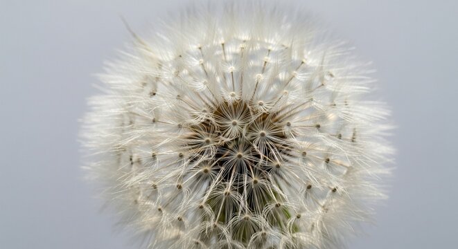A detailed, top-down view of a fluffy dandelion clock showing the intricate pattern of seeds and fine white hairs against a grey background.