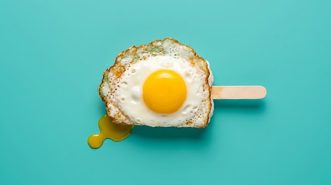 Telur mata sapi di atas es krim berbentuk es krim dengan stik kayu di latar biru cerah untuk konsep makanan dan sarapan sehat