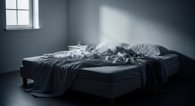 A large unmade bed with crumpled grey sheets and pillows in a dark, minimalistic bedroom with soft light coming from a window.