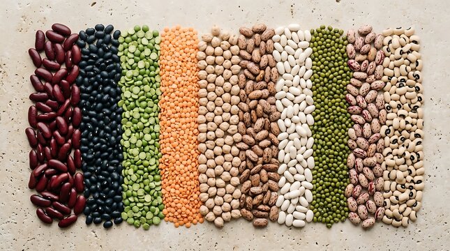 Berbagai jenis Biji dan Kacang Organik tersusun rapi sebagai bahan makanan sehat dan alami untuk diet dan nutrisi seimbang