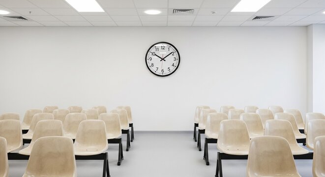 A symmetrical shot of an empty waiting area with beige chairs and a large round clock centered on a white wall.