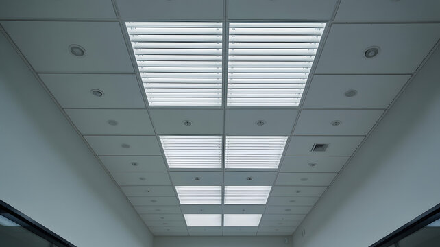 Modern office ceiling with fluorescent lights and white tiles