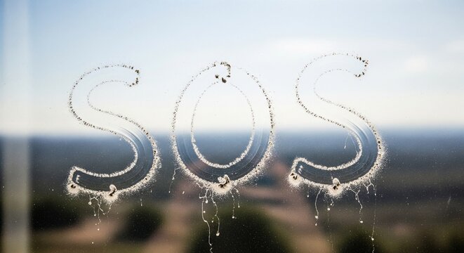 The word "SOS" is traced with a finger on a misty window pane with a blurred natural landscape in the background.