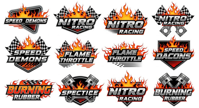 Collection of Racing Emblems with Flames and Checkered Flags.