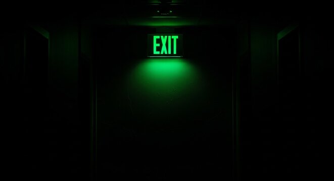 A bright green illuminated "EXIT" sign hanging in a pitch-black corridor, casting a soft green glow downward.