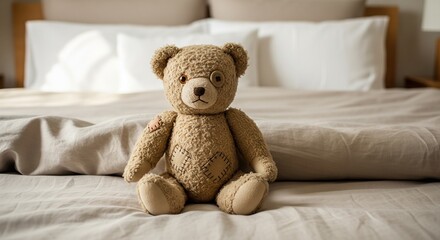 Fototapeta premium A cute, fluffy teddy bear sits upright on a neutral-toned bed. The lighting is warm and natural, creating a welcoming and safe atmosphere.