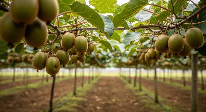 Many green kiwi fruits hanging from branches in a large plantation. The rows of trees extend into the distance under a bright sky.