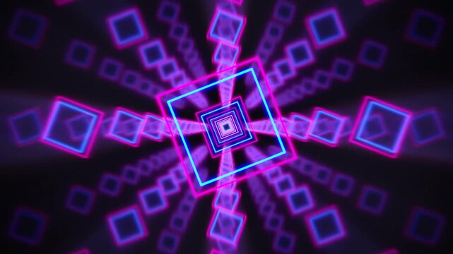 VJ Loop Slow Motion Square Frame Neon Glow Loop Cyber Room Cyan Magenta Seamless horizontal 20 seconds futuristic neon cyber room with pulsing lights and soft glow atmosphere