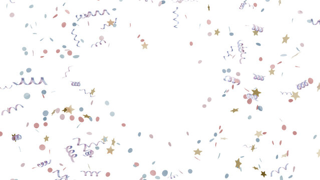hyper-realistic macro photography of floating pastel pink and baby blue confetti for a gender reveal. features 3d metallic gold stars and curly ribbons falling in cinematic light for baby shower.