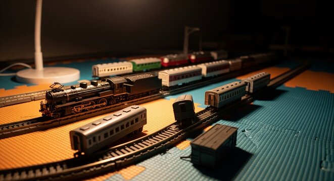 A detailed miniature model of a steam engine train and several passenger cars on a track. The set is placed on a blue textured floor mat and lit with dramatic, low-angle light.
