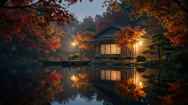 Traditional Japanese House by Lake in Autumn with Warm Light