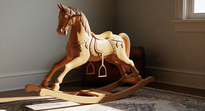 A classic light-colored wooden rocking horse stands on a rug in a bright room, illuminated by warm natural sunlight from a window.