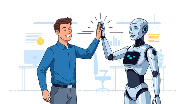 Positive human-robot interaction in a modern office, depicting the future of work, artificial intelligence integration, and collaborative innovation in business