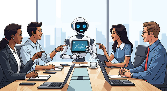 AI robot collaborates with business professionals in a strategic meeting, fostering data-driven insights and innovative solutions for future corporate success