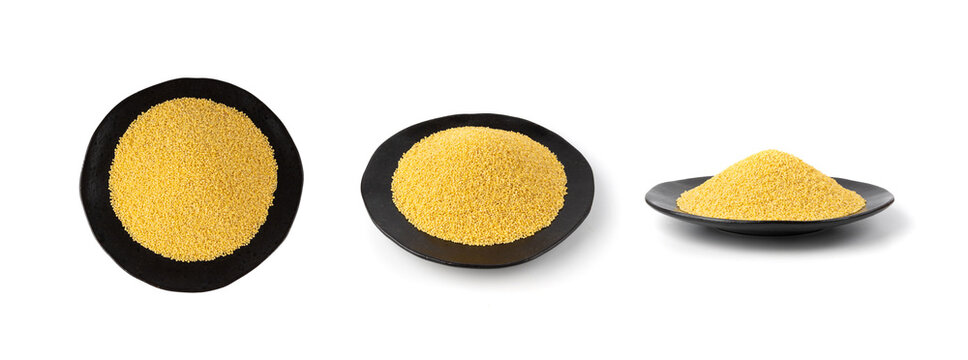 Raw millet grains pile isolated. Little yellow cereal, natural foxtail small seeds